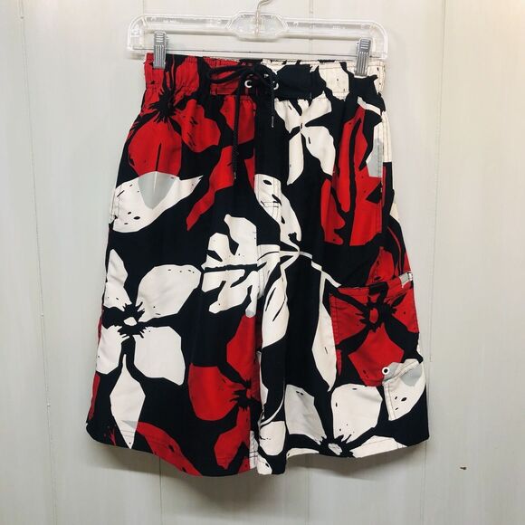 Planks Hawaiian Sz M Red White Blue Hibiscus Board Shorts Swimsuit Swim Trunk - Picture 1 of 11